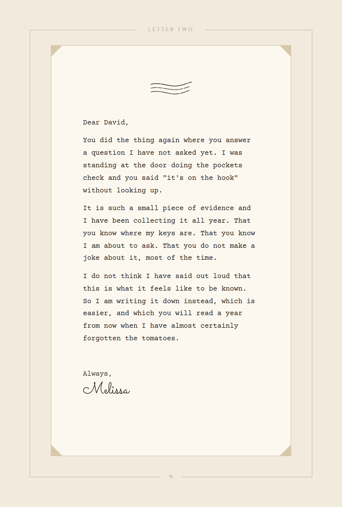 A letter page, typed, sitting on a deckle-edged card inside a ruled frame